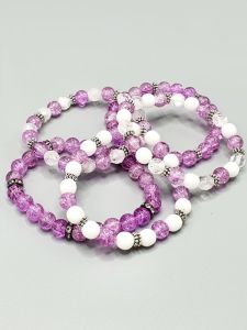 Náramek - skleněné korálky ve fialovém tónu | s rondelkami 19,5 cm, fialovo bílý s broušenými korálky a kvítky 18,5 cm