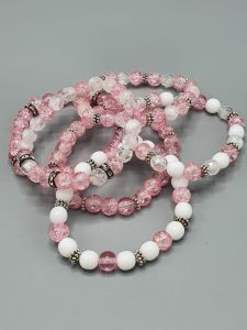 Náramek - skleněné korálky v růžovém tónu | fialovo bílý s broušenými korálky a kvítky 18,5 cm, fialový s broušenými korálky a rondelkami 19,2 cm