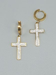 Ocelové náušnice - Kruhy se zdobeným křížem ve zlaté barvě