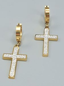 Ocelové náušnice - Kruhy se zdobeným křížem ve zlaté barvě