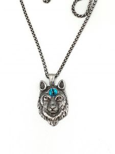 Ocelový přívěsek - Hlava vlka s modrým okem