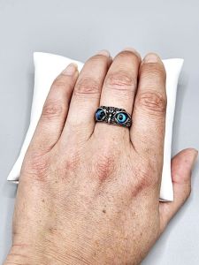 Ocelový prsten - Sova s modrýma očima