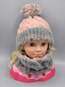 Ručně pletená čepice - copánky - šedá a starorůžová 2 (46 - 52 cm)