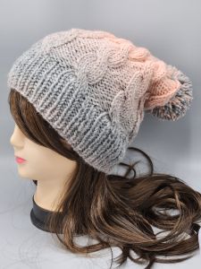 Ručně pletená čepice - copánky - šedá a starorůžová (52 - 60 cm)