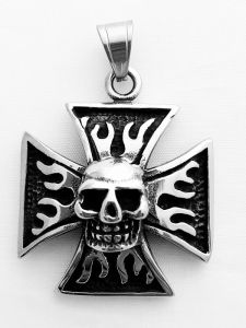 Ocelový přívěsek - Maltézský kříž s lebkou