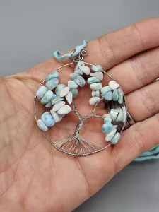 Drátěný strom života z oceli s Larimarem na hedvábné šňůrce