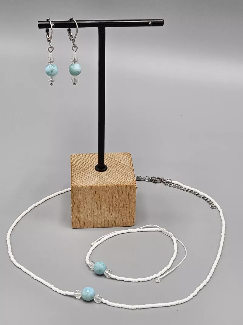 Náhrdelník Larimar 7 mm a Křišťál a Delica 42 - 47 cm