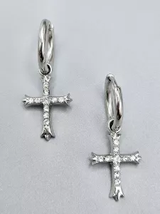 Ocelové náušnice - Kruhy s jemným zdobeným křížem 2