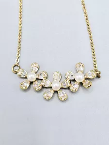 Ocelový náhrdelník - Květy s broušenými kamínky a perličkami ve zlatém provedení