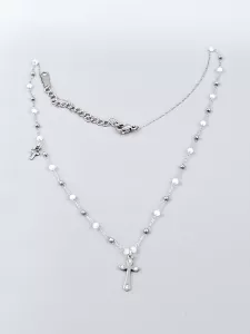 Ocelový náhrdelník lesklý s korálky a křížkem (0,25 x 39,5 cm)