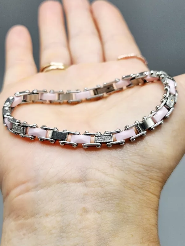 Ocelový náramek - Růžová keramika