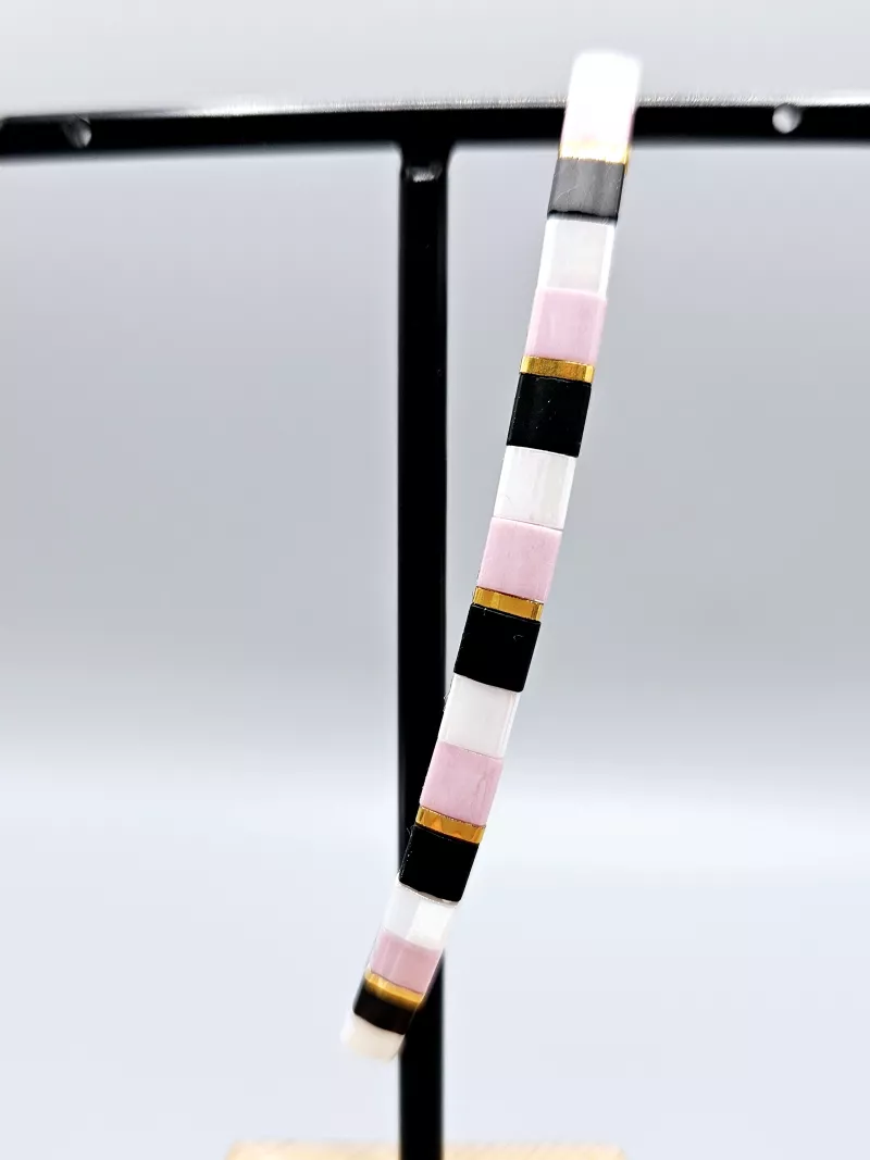 Miyuki Tila náramek - odstín růžovo zlato smetanovo černá 17,5 cm