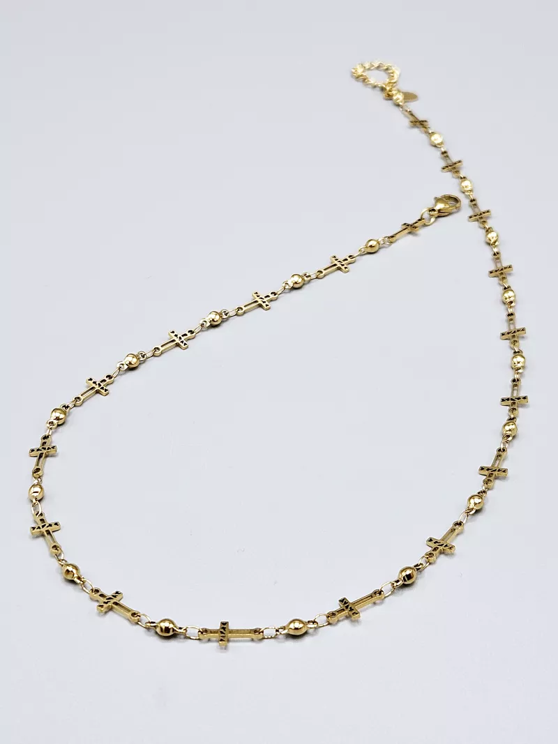 Ocelový náhrdelník - Křížky ve zlatém provedení (45 cm + 5 cm)