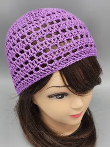 Ručně háčkovaná letní čepka fialová E1 (50 - 54 cm)