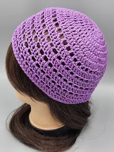 Ručně háčkovaná letní čepka fialová E1 (50 - 54 cm)