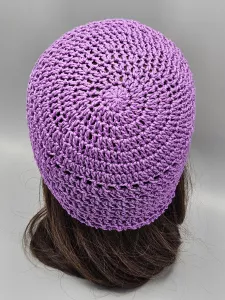 Ručně háčkovaná letní čepka fialová E1 (50 - 54 cm)