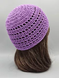 Ručně háčkovaná letní čepka fialová E1 (50 - 54 cm)