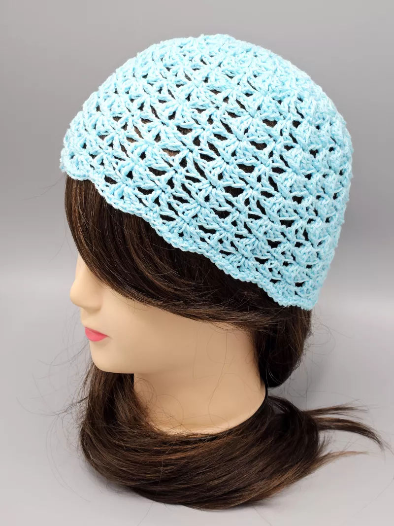 Ručně háčkovaná letní čepka trávově zelená D2 (55 - 59 cm)