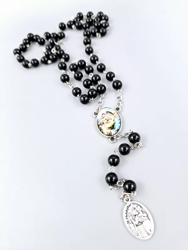 Růženec Svatý Kryštof - černé perly 8 mm č.2