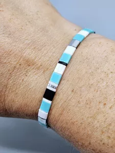 Miyuki Tila náramek - odstín tyrkysová, černá a bílá se stříbrnou 14,5 - 20 cm | 14,7 cm, 16 cm, 17,5 cm, 18,5 cm, 20 cm