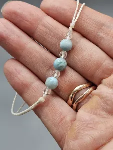 Provázkový náramek Larimar tři kuličky s Křišťálem v bílé 18,5 - 31 cm