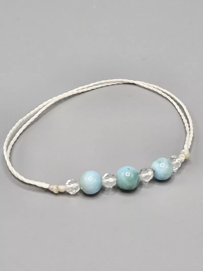 Provázkový náramek Larimar tři kuličky s Křišťálem v bílé 18,5 - 31 cm