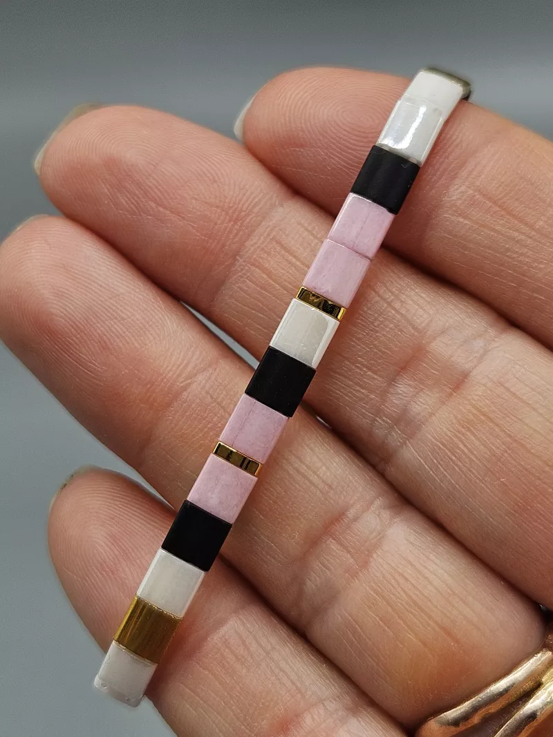 Miyuki Tila náramek - odstín růžová, smetanová a černá se zlatou 14,5 - 20 cm